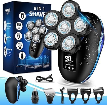 Head Shaver for Bald Men, 6-in-1 Electric Shaver for Bald Head 6D Wet/Dry Waterproof Mens Electric Razor Head Shavers with Grooming Kit Cordless Rechargeable Face Head Shaving Rotary Shavers Blue