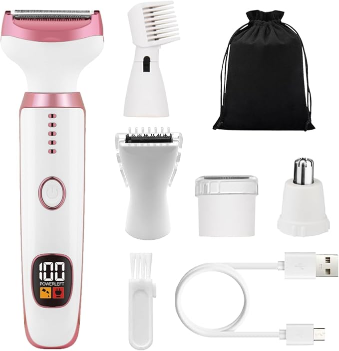 Electric Razors for Women, 5 in 1 Painless Ladies Wet & Dry Body Razors and Facial Hair Remover, Rechargeable Facial and Body Hair Remover for Face Nose Eyebrow Arms Armpit Legs Pubic Area（White）