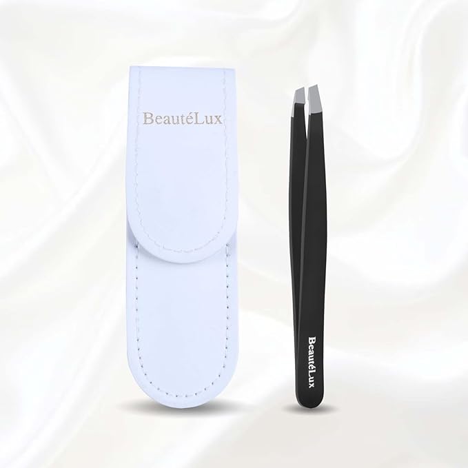 Premium Slant Tip Eyebrow Tweezer (Black), Stainless Steel Precision Tweezers for Men & Women, Facial Hair Removal with Leather Case