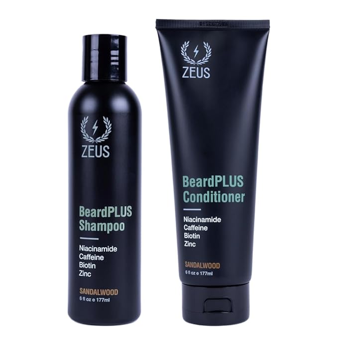 ZEUS BeardPLUS Beard Shampoo & Conditioner Set for Men, Hair Growth Treatment for Hydration, Softness & Thickness with Biotin & Caffeine (Made in USA) Combo Set