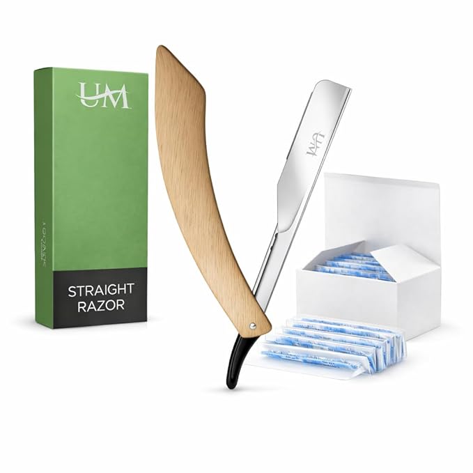 UM Supplies Straight Razors for Men – Professional Barber Straight Edge Razor Kit with 10 Replaceable Insert Single Edge Blades - Navajas Para Barbero (Curved Wooden Handle)