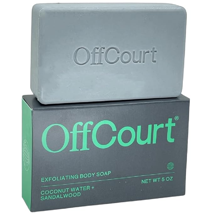 OffCourt Exfoliating Bar Soap – Whole Body, Deep Cleansing and Hydrating Soap for Men & Women - All Skin Types - Non-Drying Bar - Scent of Coconut Water + Sandalwood (5oz, 1 Pack)
