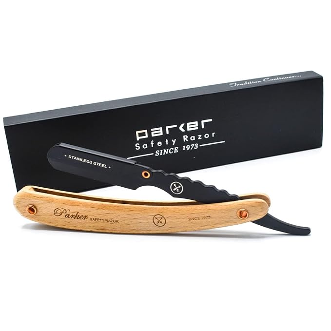 Parker SRP Pine Wood Handle Straight Edge Barber Razor – Stainless Steel Clip‑Type Straight Razor, 5 Premium Half DE Blades Included