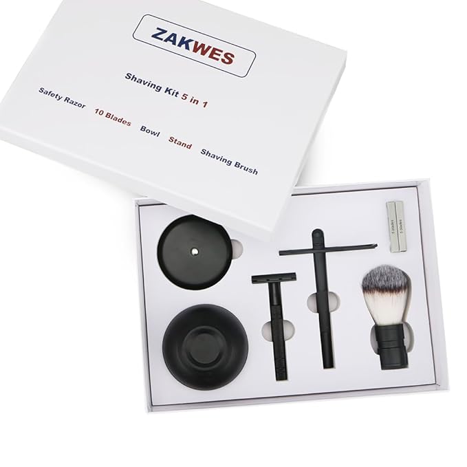 Men's Shaving & Grooming Set, Double Edge Safety Razor, Shaving Brush, Razor & Brush Stand,10 Blades, Shaving Bowl, Valentine Gift For Men, Gift for Fathers/Dads (Black).