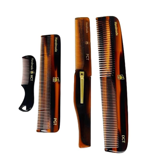 Handmade Tortoise Shell Comb Set – Pack of 4 Premium Fine-Tooth Combs for Men & Women – Includes Pocket, Folding, Dressing & Mustache Combs – Stylish Hair & Beard Grooming Kit