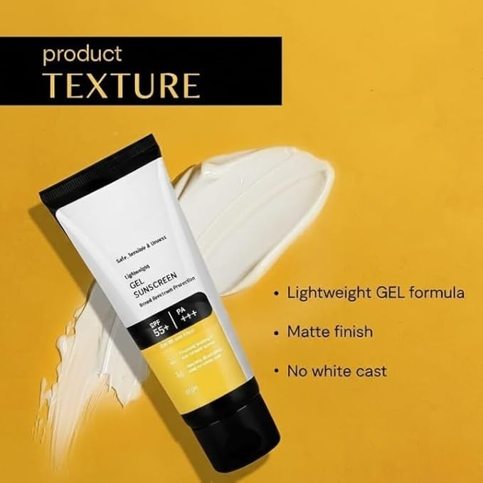 Gel Sunscreen SPF 55+ and PA+++ | Gel based sunscreen for oily skin, combination skin, normal skin | Broad spectrum sunscreen, No White Cast, Lightweight, Non greasy - 50g