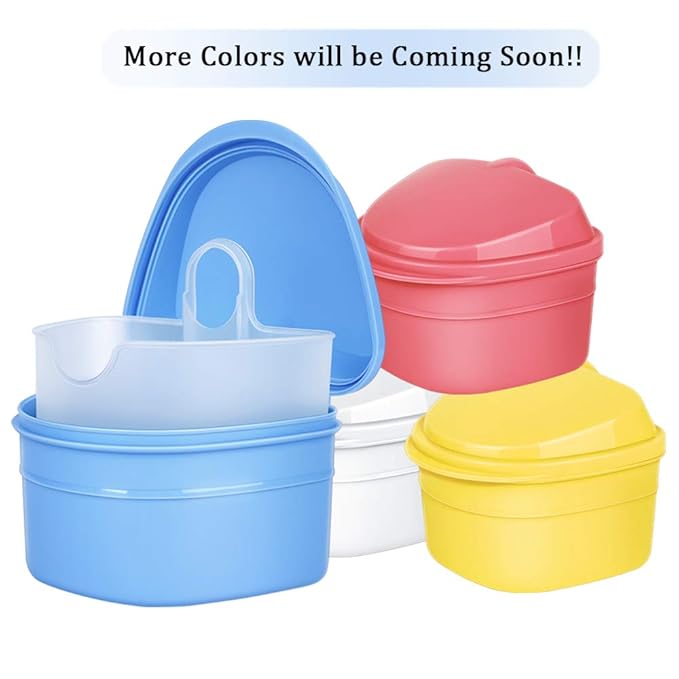 Denture Bath Box Cup, Complete Clean Care for Dentures, Clear Braces, Mouth Guard, Night Guard & Retainers,Traveling (Blue & Pink)