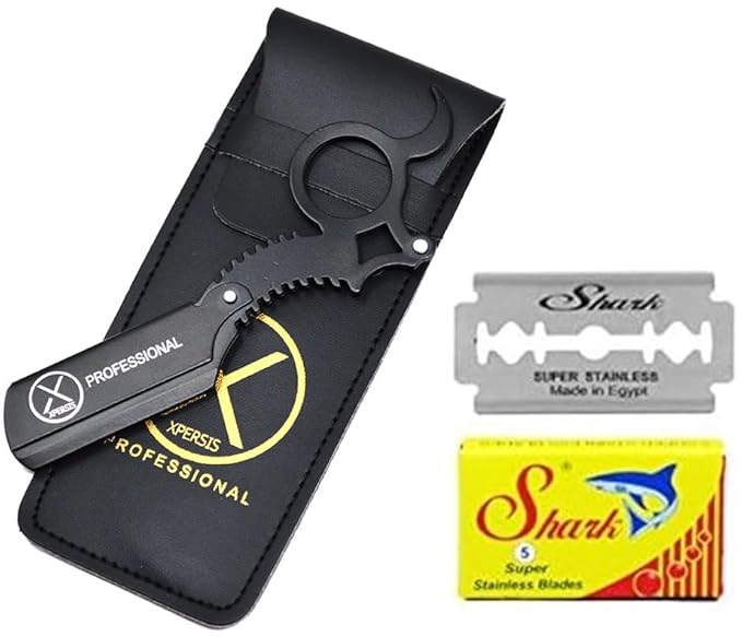 Pro Finger Insert Handle German Made Barber Straight Edge Shaving Razor Black (Dragon) with Shark Double Edge Razor Blades