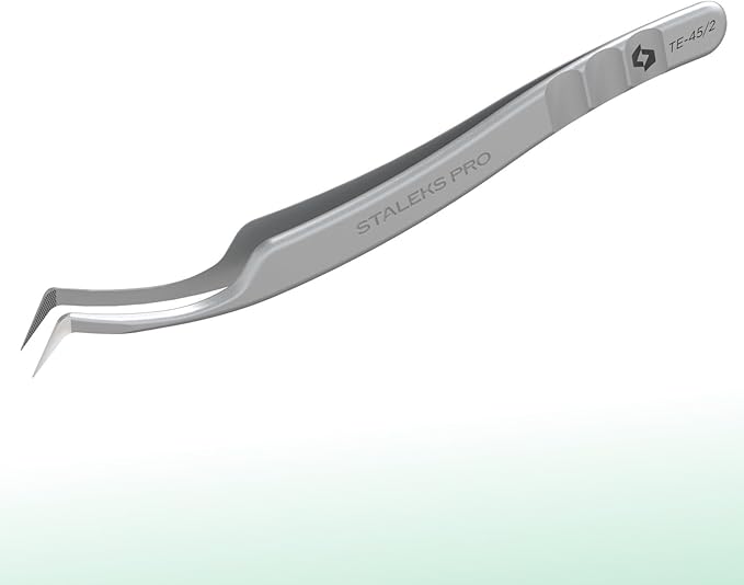 STALEKS PRO Expert 45 Type 2 Professional Eyelash Tweezers (L-Shaped 40°) – Stainless Steel with Nano-Notches for Volume & Mega-Volume Lash Extensions & Enhanced Visibility