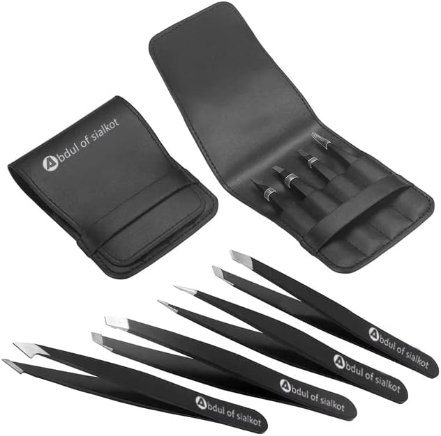 Eyebrow Tweezer Set for Women & Men - Professional Slant and Pointed Tweezers Set with Case - Precision Tweezers Kit for Facial Hair, Splinter and Ingrown Hair Removal (Black 4 piece)