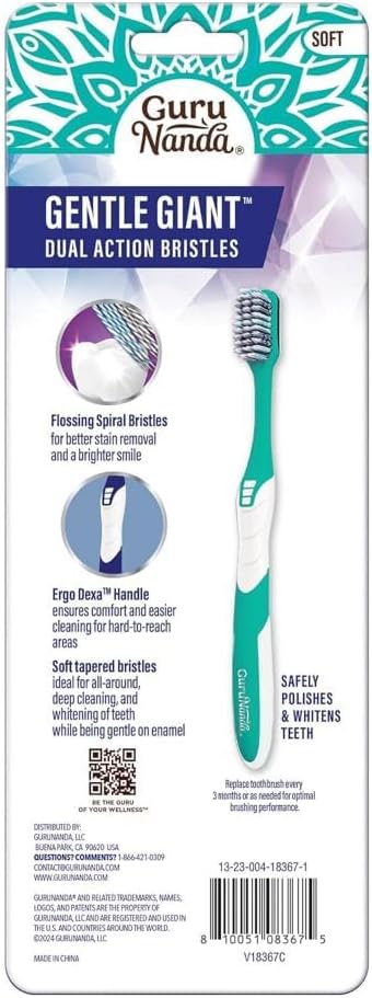 GuruNanda Gentle Giant Toothbrush with Dual Action Flossing Spiral Bristles,Non-Slip Ergo Dexa Grip,Helps in Teeth Whitening,BPA Free,(Pack of 8)