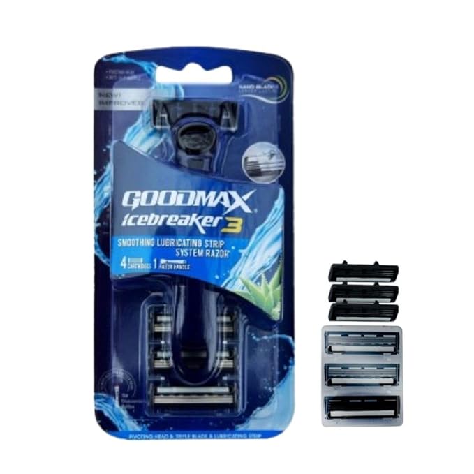 Men’s Razor System – Pivoting Triple-Blade Handle with Aloe Lubricating Strip, Nano-Coated Blades, Anti-Slip Grip + 4 Replacement Cartridges