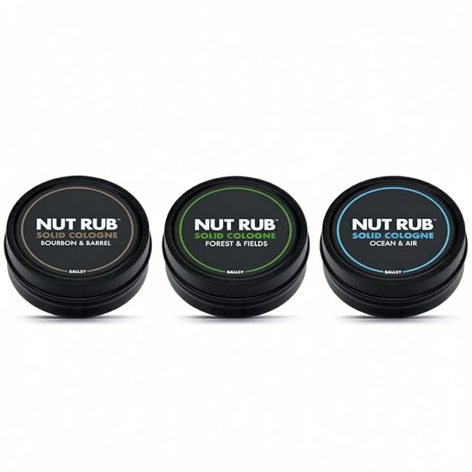 Ballsy Body & Ball Rub, Cologne for Everywhere, with Beeswax, Coconut and Sunflower Seed Oil, Ocean & Air/Forest & Fields/Bourbon & Barrel, .85 oz