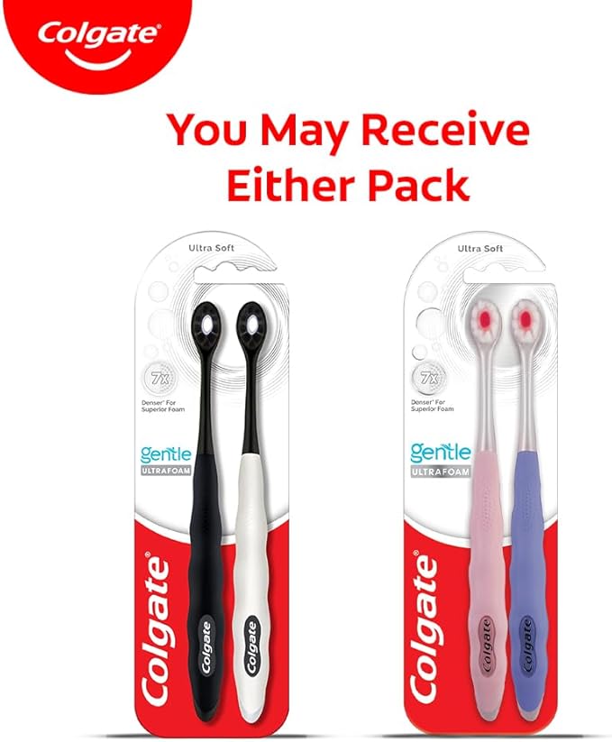 Colgate Gentle UltraFoam Ultra Soft Bristles Manual Toothbrush for adults, 2 Pcs, Soft Bristles for Superior Clean, Multicolor