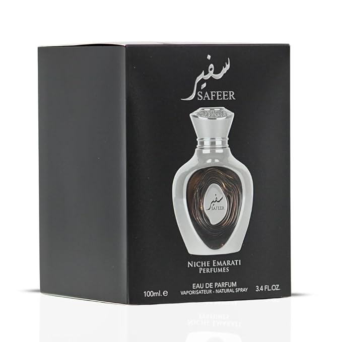Lattafa Niche Emarati Safeer Eau de Parfum for Men - 100ml (3.4 oz) | Woody Spicy Cologne with Bergamot & Juniper Berry | Elegant, Timeless Masculine Scent | Long-Lasting Arabian Luxury Perfume