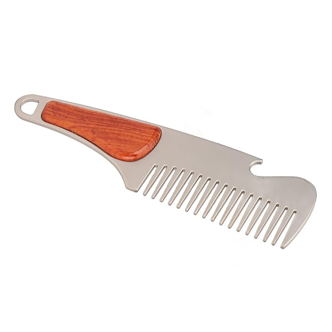 Men Beard Comb Multipurpose Stainless Steel Teeth Sandalwood Pocket Moustache Comb for Home Hair Salon