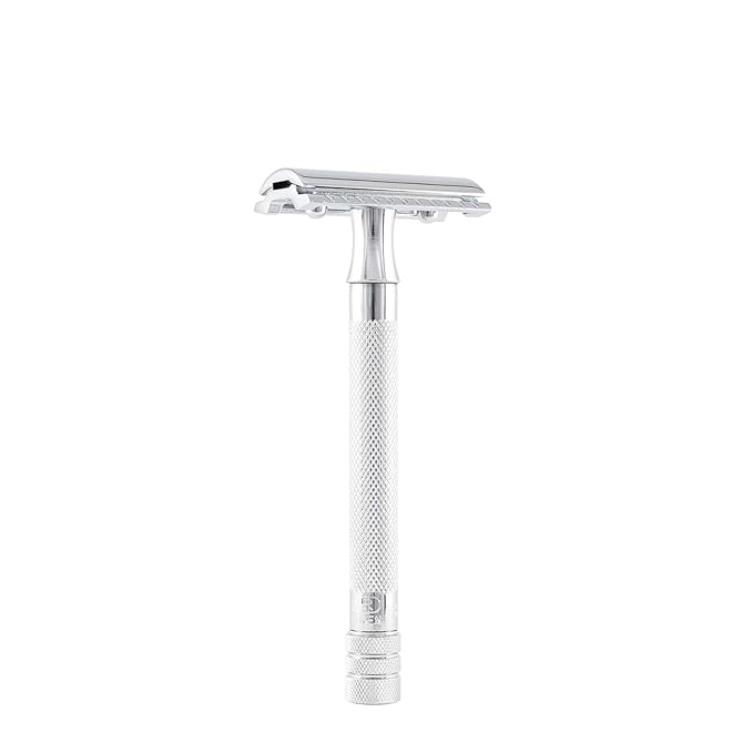 MERKUR 23C Double Edge Safety Razor - Polished Chrome, Long Knurled Brass Handle, Made in Germany, Plastic-Free, Three Piece Design, Closed Comb, Straight Bar
