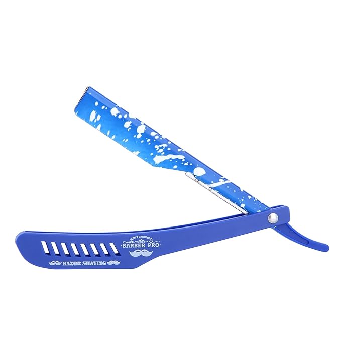 Professional Straight Razor Holder for Barbers – Folding Shaving Razor Handle, Stainless Steel Blade Compatible, for Barber Shop & Home Grooming (Blue)
