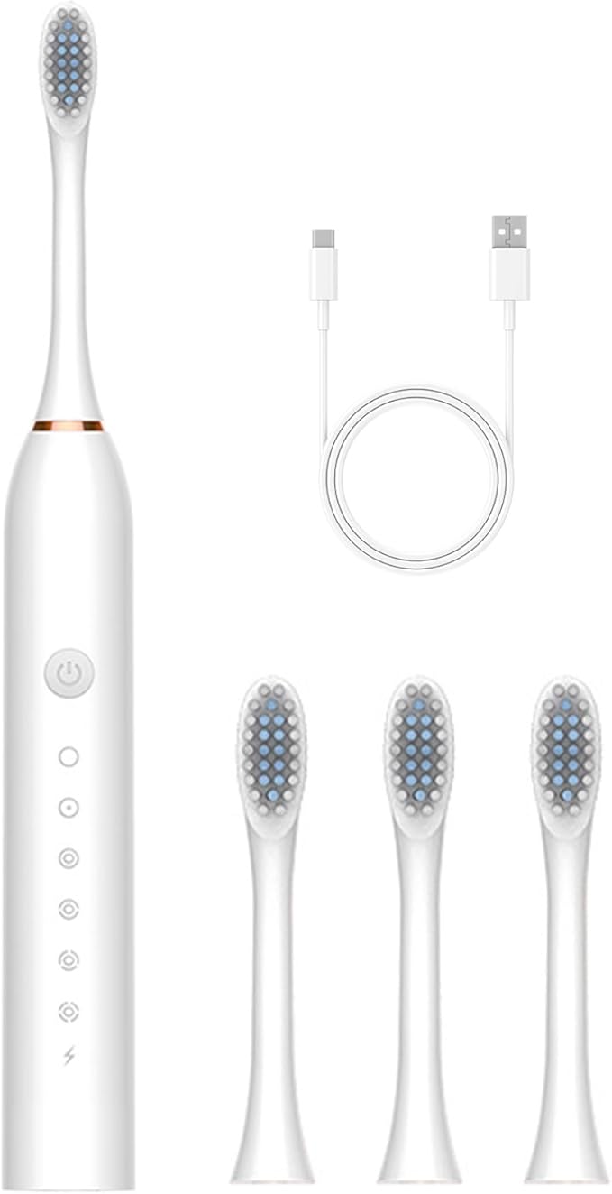 Electric Toothbrushes Adults Rechargeable Toothbrush with 4 Brush Heads and 6 Cleaning Modes Low Noise Waterproof Toothbrush Smart Timer Longer Life for Women Men Gift White