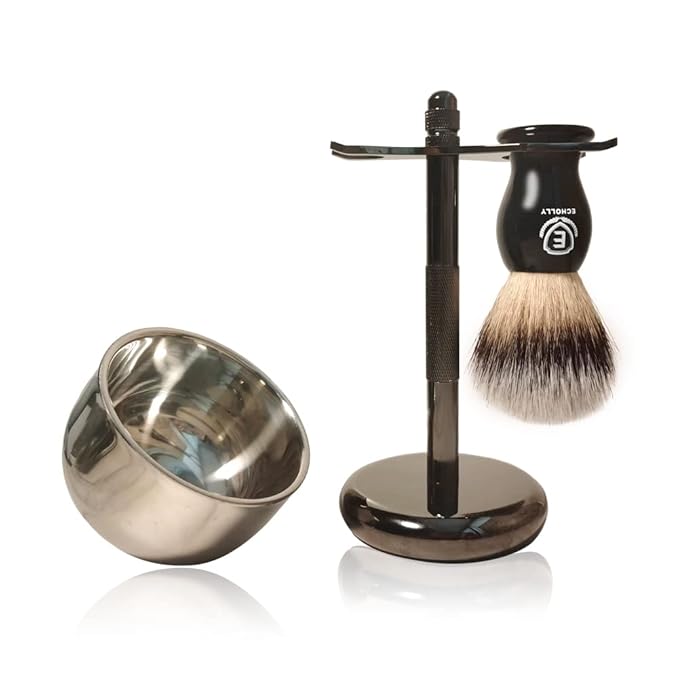 3 in1 Premium Shaving Brush Kit for Men Includes Vegan Badger Synthetic Hair Shaving Brush,Stainless Steel Shaving Soap Bowl,Heavy Safety Stand for Mens Gift (Deluxe Black)