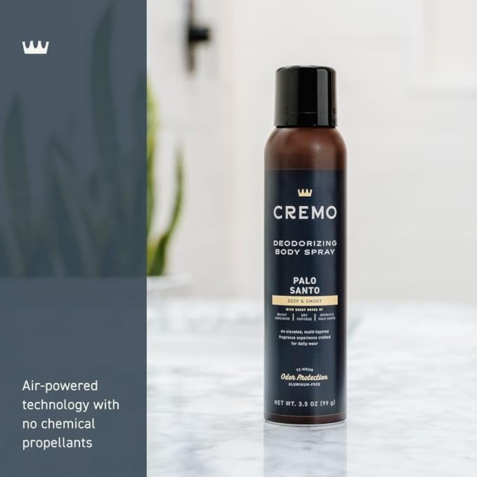 Cremo Palo Santo Body Spray, A Distinguishing Blend of Bright Cardamom, Dry Papyrus and Aromatic Palo Santo, 3.5 Fl Oz