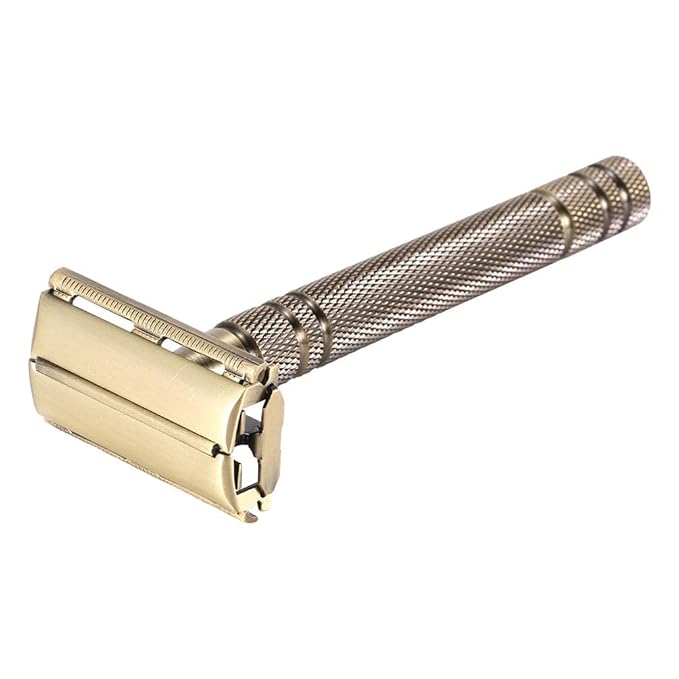 Double Edge Safety Razors,Classic Men Shaving Butterfly Open Razor - Bronze Long Handle Women Razors With 5 Blades,Reusable Metal Brass Manual Shaver Close Comb