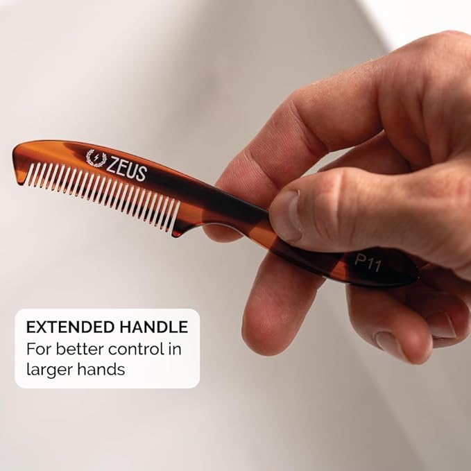 ZEUS Large 5” Mustache Comb for Men, Handmade Saw Cut, Long Handle Beard & Mustache Grooming Tool for Precise Styling (Tortoiseshell) P12