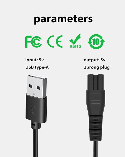 Replacement Charger Cable for Rategist WD787 - USB-A to DC 5V 1A Fast Charging Cord with Cleaning Brush, Compatible with Rategist Cordless Electric Razor for Men Travel Kit