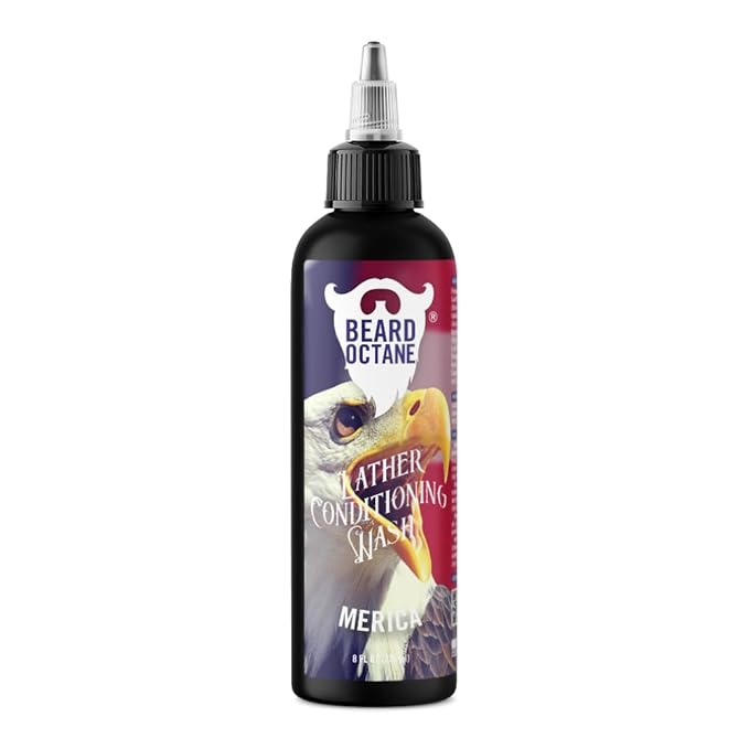 Beard Octane: Merica Beard Wash - 8 oz Shampoo - Cleans & Moisturizes with Shea Butter & Jojoba for Healthy, Softer Beards - Made in USA