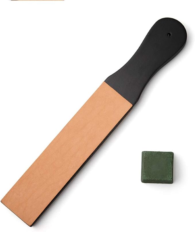 Natural Leather Sharpening Strop w/Green Polishing Compound, Knife Razor Polishing Board Wooden Black Handle Double-Sided Vegetable Tanned Leather, Multifunctional Wood Handle Strop Tool
