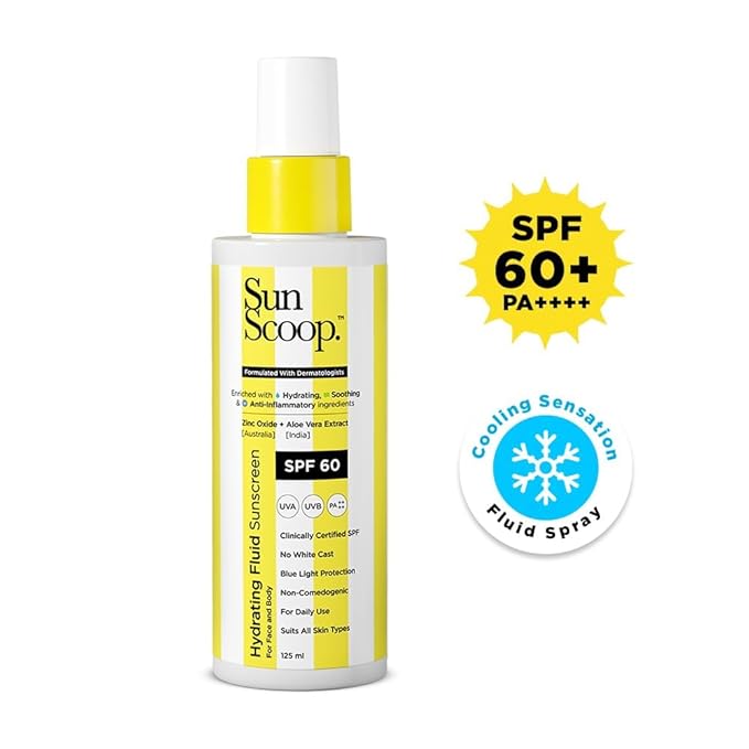 Sun.Scoop Hydrating Face & Body Fluid Sunscreen Spray SPF 60 PA++++ | Water Resistant With Zinc Oxide, Broad Spectrum, No White Cast, Non-Comedogenic Quick Absorbing | For Men & Women-125ml