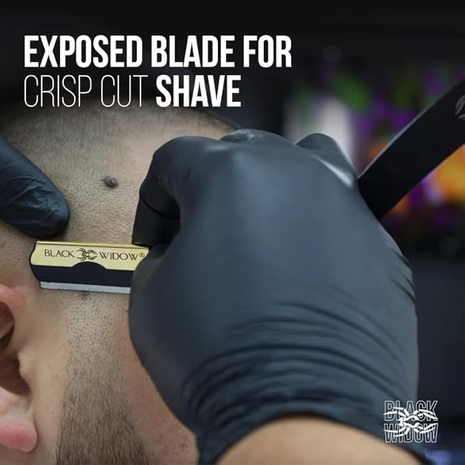Black Widow Professional Straight Razor – Matte Black & Gold Barber Razor for Men – 1.5 mm Exposure, Swing Lock Grip, Stainless Steel Shavette for Barbers & Beginners pack of 10 blades