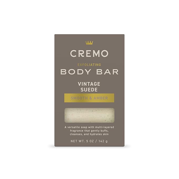 Cremo Exfoliating Body Bar for Men, Vintage Suede Scent, Multi-Layered Fragrance That Buffs, Cleanses and Hydrates Skin, 5oz