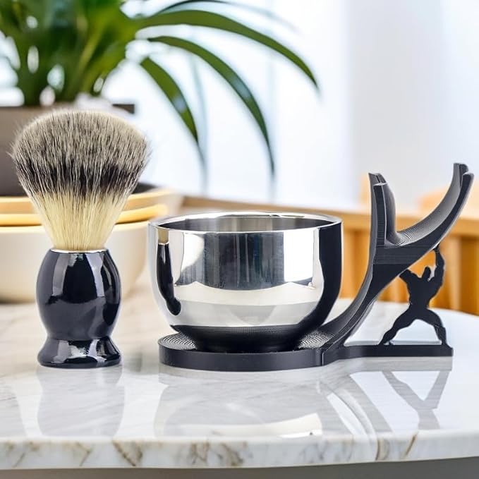 Grandslam Shaving Brush Kit for Men, 3 in 1 Shaving Set Includes Shaving Brush, Stainless Steel Shaving Bowl and Razor & Brush Holder, Black Set