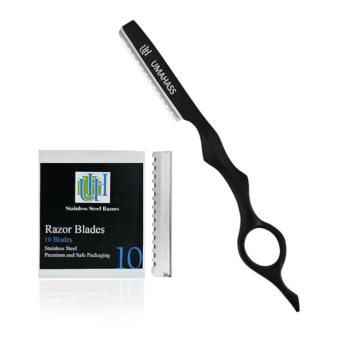 "UMAHASS Professional Hair Cutting Razor 6.5 Inch" Hair Styling Thinning Texturizing Cutting Razor with Replacement Hair Razor Blades 10 Pcs – Precision Barber Razor for Men & Women, Salon Use