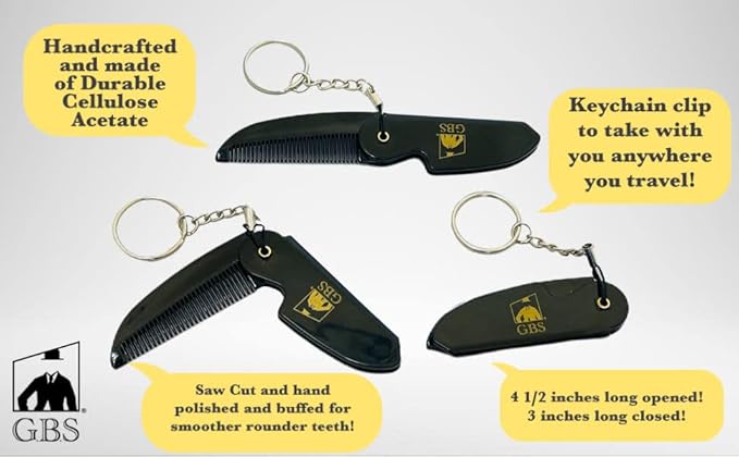 GENTS Mustache and Beard Styling Comb, pocket sized (Keychain Folding Beard Comb, 3 Pack)