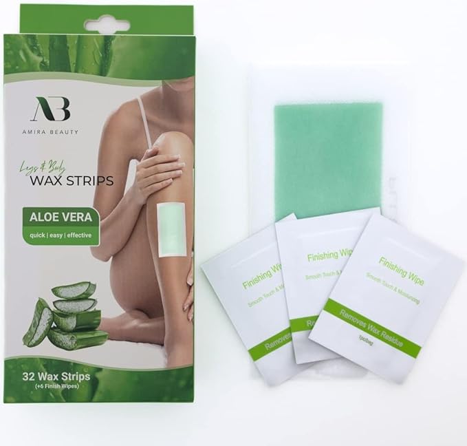 Amira Beauty - Waxing Strips Infused with Aloe Vera Pre Applied Ready to Use Hair Removal Wax Strips for Legs and Body Suitable for All Skin Types 64 Count
