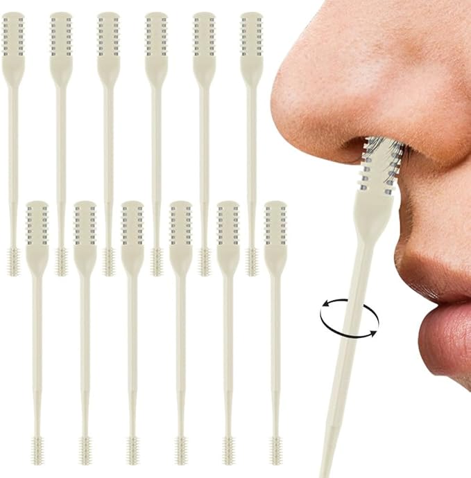 Nasal Hair Cutter, 2025 Double-Sided Nose Hair Trimmer, Manual 360° Rotating Nostril Hair Removal Tool for Men & Women, Nose Ear Eyebrow Grooming, Easy to Clean (Beige, 12PCS)