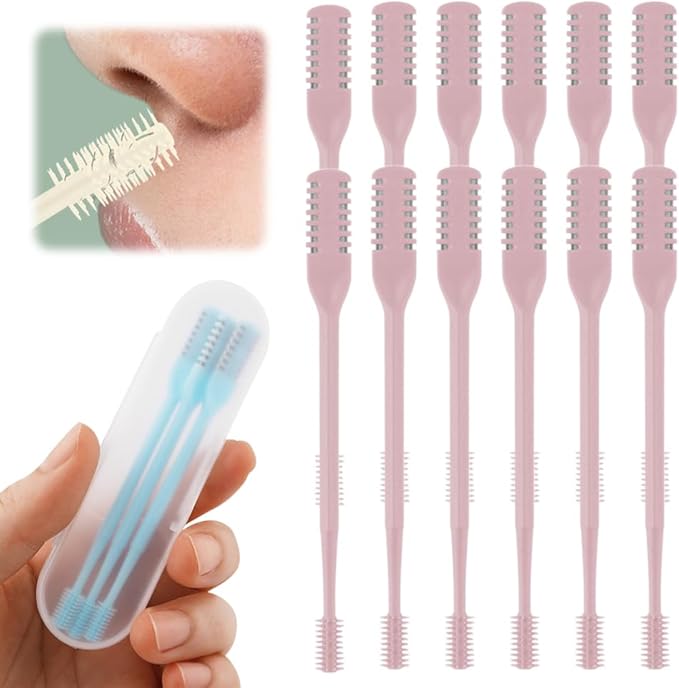 2-in-1 Nasal Hair Cutter, 2025 Upgrade 360° Rotating Nose Hair Trimmer with Double-Sided Blade & Ear Pick, Manual Nostril Hair Removal Tool for Men and Women, Soft Cleaning Brush (Pink, 12PCS)