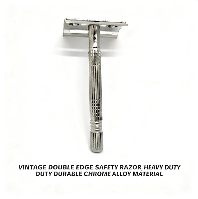 Reusable Double-Edge Safety Razor for Men - Vintage Chrome Short Handle, 8 Stainless Steel Sharp Blades, Smooth Shaving Tool with Mirror Travel Storage Case