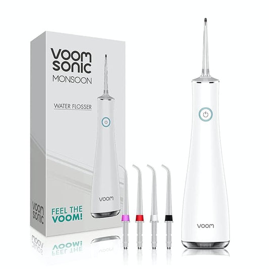 Voom Sonic Water Flosser (Cordless) | Water Pick Includes 4-Tip Portable Water Teeth Cleaner Picks, Rechargeable Water Dental Picks for Cleaning (White)