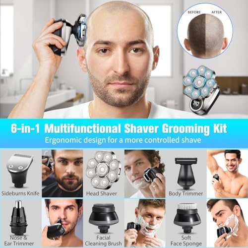 9D Head Shavers for Bald Men, Electric Shaver for Men,6 in 1 Mens Grooming Kit with Nose Hair Trimmer, Beard Trimmer,Waterproof Wet/Dry Rotary Shaver,Gift for Father, Husband, Boyfriend