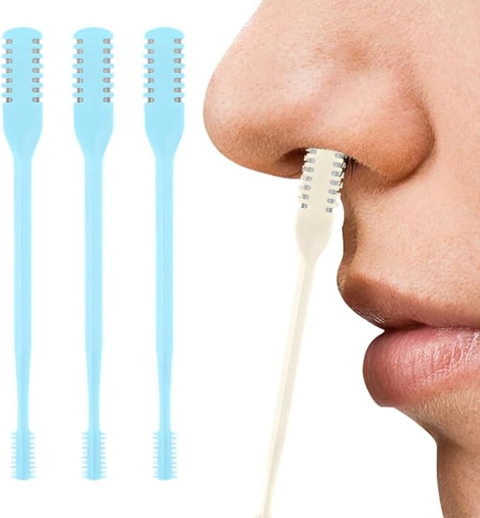 2-in-1 Nasal Hair Cutter, Nose Hair Trimmer for Men Women, 360° Rotating Portable Manual Nose Hair Remover Tool with Ear Picker, Double Sided Noses Hairs Knife Travel Essentials (Blue, 3PC B)