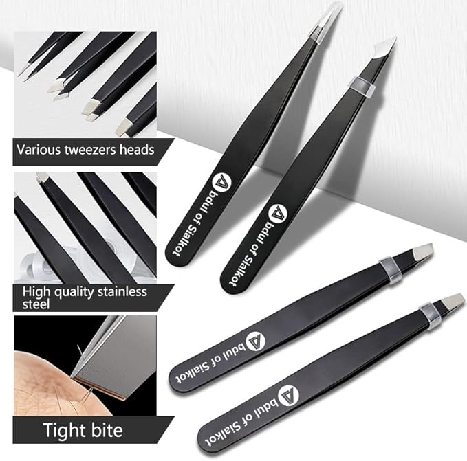 Eyebrow Tweezer Set for Women & Men - Professional Slant and Pointed Tweezers Set with Case - Precision Tweezers Kit for Facial Hair, Splinter and Ingrown Hair Removal (Black 4 piece)