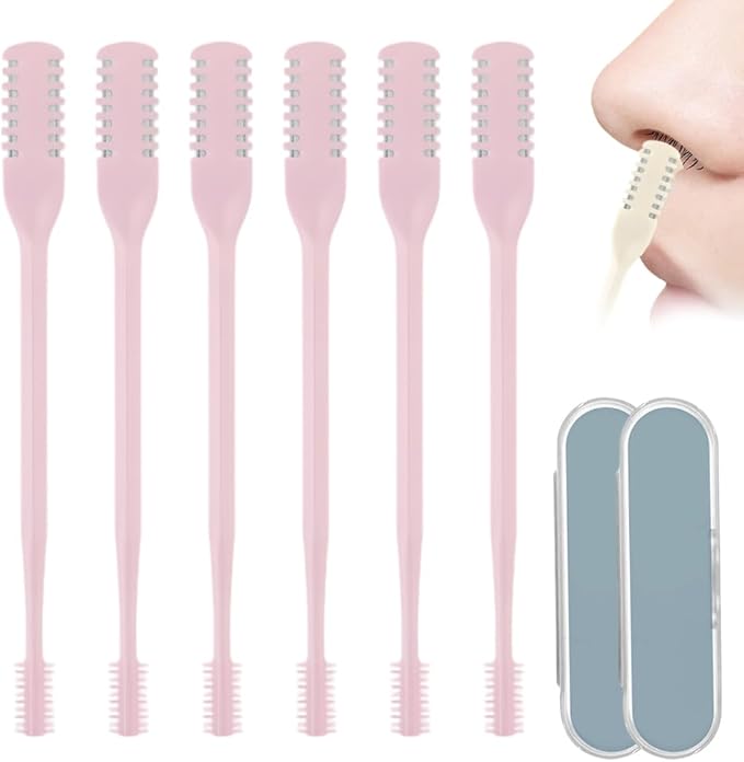 2-in-1 Manual Nose Hair Trimmer & Ear Picker, 360° Rotating Nasal Hair Cutter for Men Women, Stainless Steel Nose Hair Shaver, Portable Manual Tool, Travel Essentials (Pink, 6 pcs)