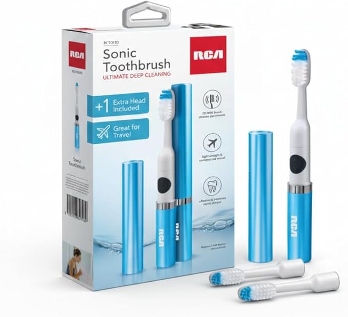RCA Sonic Electric Toothbrush for Adults – Battery Powered Toothbrush with Extra Brush Head, Spin Brush Toothbrush for Travel - Blue