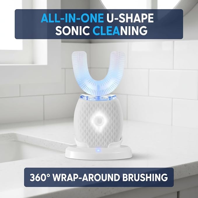 U-Shaped Electric Toothbrush for Adults, Hands-Free Auto Teeth Cleaner with 360° Ultrasonic & Foam Mousse, 4 Brush Heads, LED Light & Charging Base Kit (White)