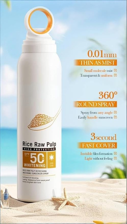 Rice Milk SPF 50+ Refreshing Sunscreen Spray UVA UVB Protection Quick-Drying Water Resistant Body Face Sun Care Mist 12Hr Long Lasting Weightless Non Greasy (1)