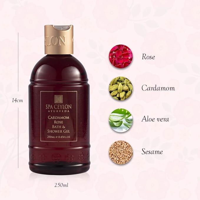 SPA CEYLON Cardamom Rose Bath and Shower Gel | Luxurious Herbal Bath Wash with Aloe Vera, Coconut & Himalayan Rose | Uplifting & Nourishing | for All Skin Types