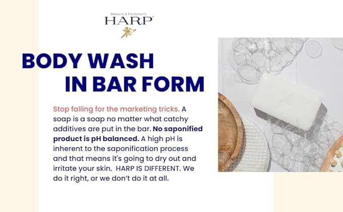HARP pH-Balanced (5.0-6.0) Exfoliating Body Wash Bar - FRAGRANCE FREE. Bamboo Powder Exfoliation -the perfect consistency. Soap/Lye/Preservative/Dye/Masking agent-Free. Non-comedogenic. 5oz